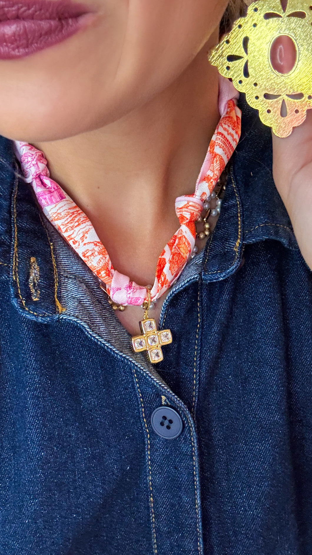 Pink and Orange Scarf Necklace with Cross Charm