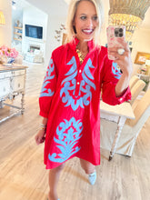 Tomato Red and Blue Contrast Printed Dress