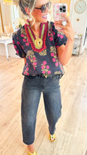 Black Floral Print Bubble Sleeve Top
