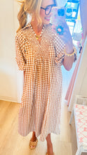 Brown Gingham Puff Sleeve Midi Dress