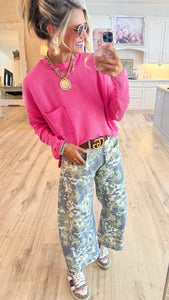 Pink Ribbed Long Sleeve Drop Shoulder Top