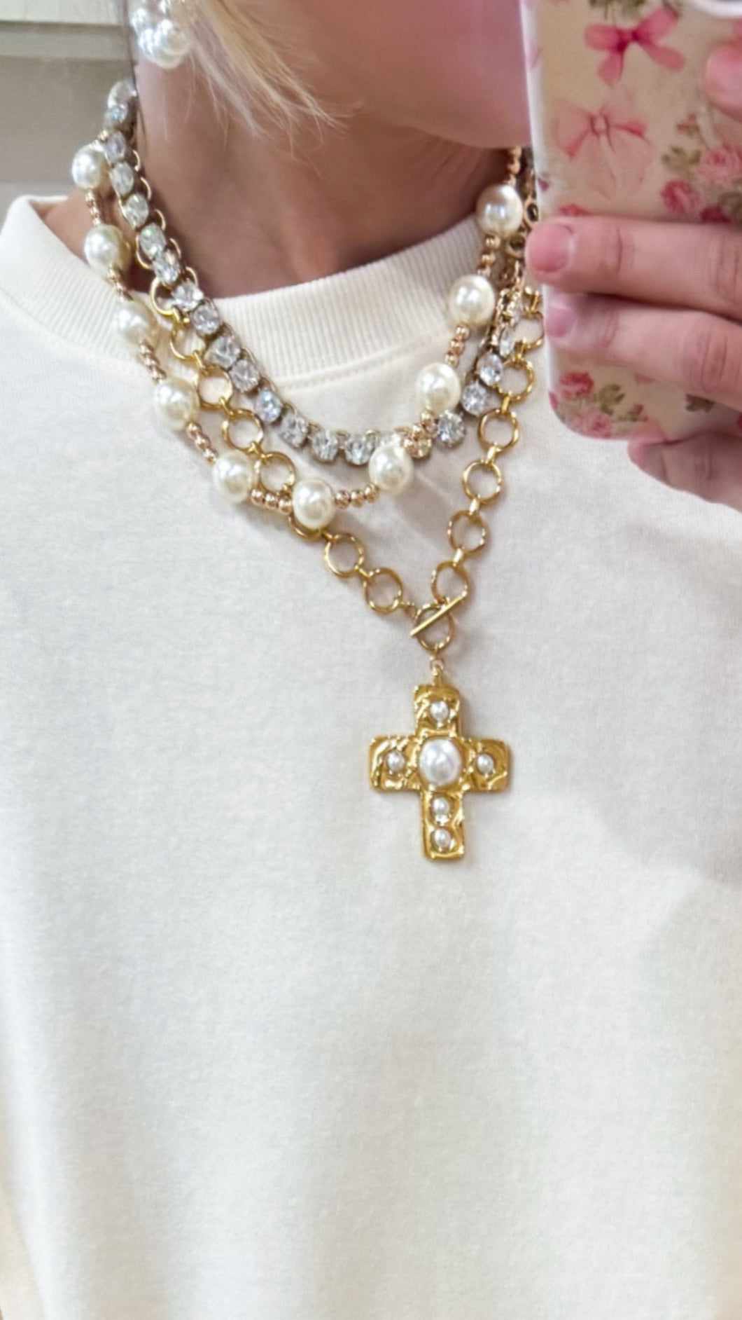 Gold and Pearl Chunky Cross Necklace