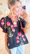 Black Floral Print Puff Sleeve Top