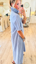 Navy Stripe Ruffle Collar Midi Dress