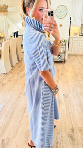 Navy Stripe Ruffle Collar Midi Dress