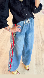 Red Side Leopard Accent Denim Pants