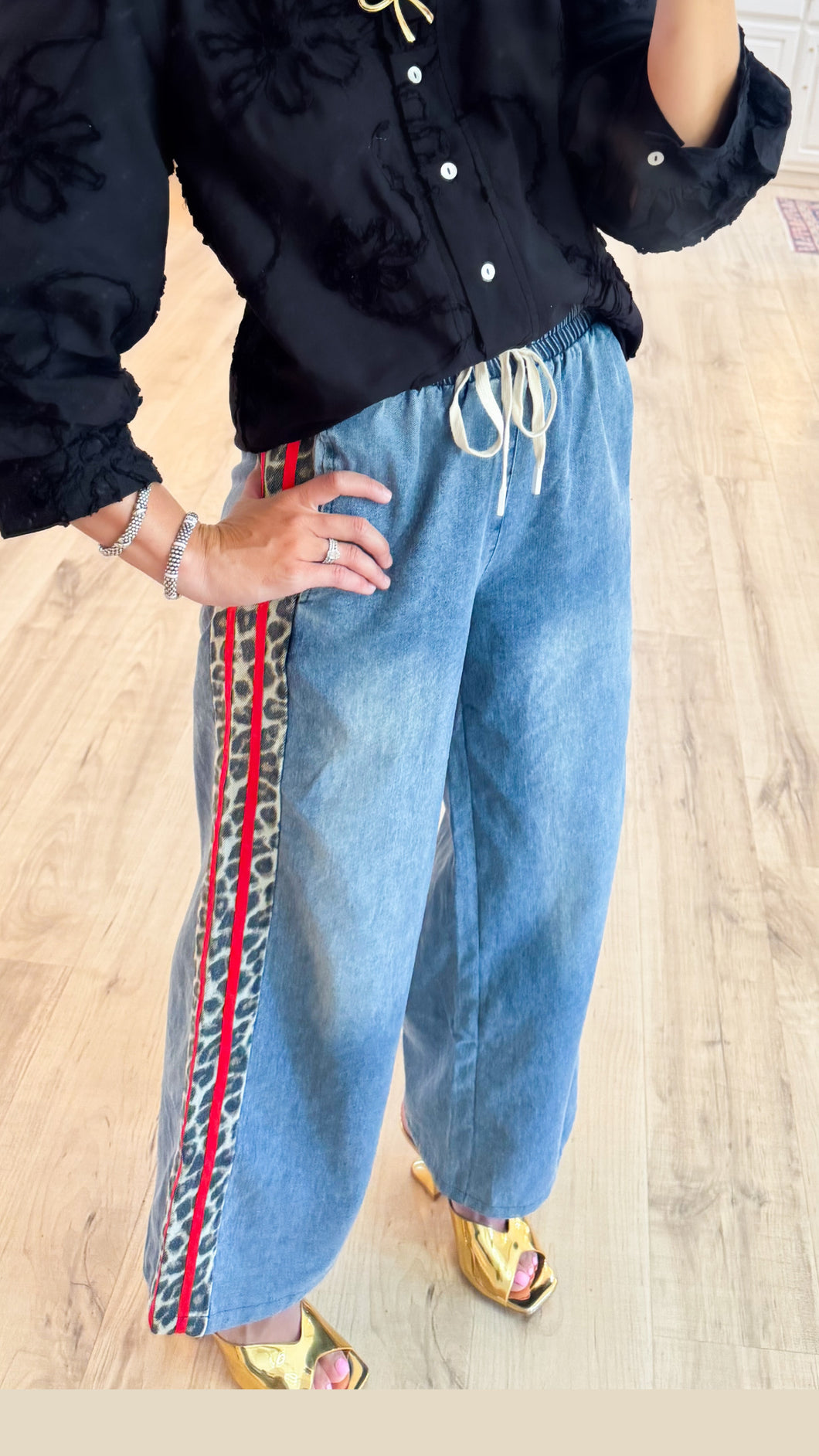Red Side Leopard Accent Denim Pants