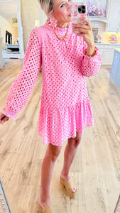 Bubble Gum Pink Eyelet Long Sleeve Dress