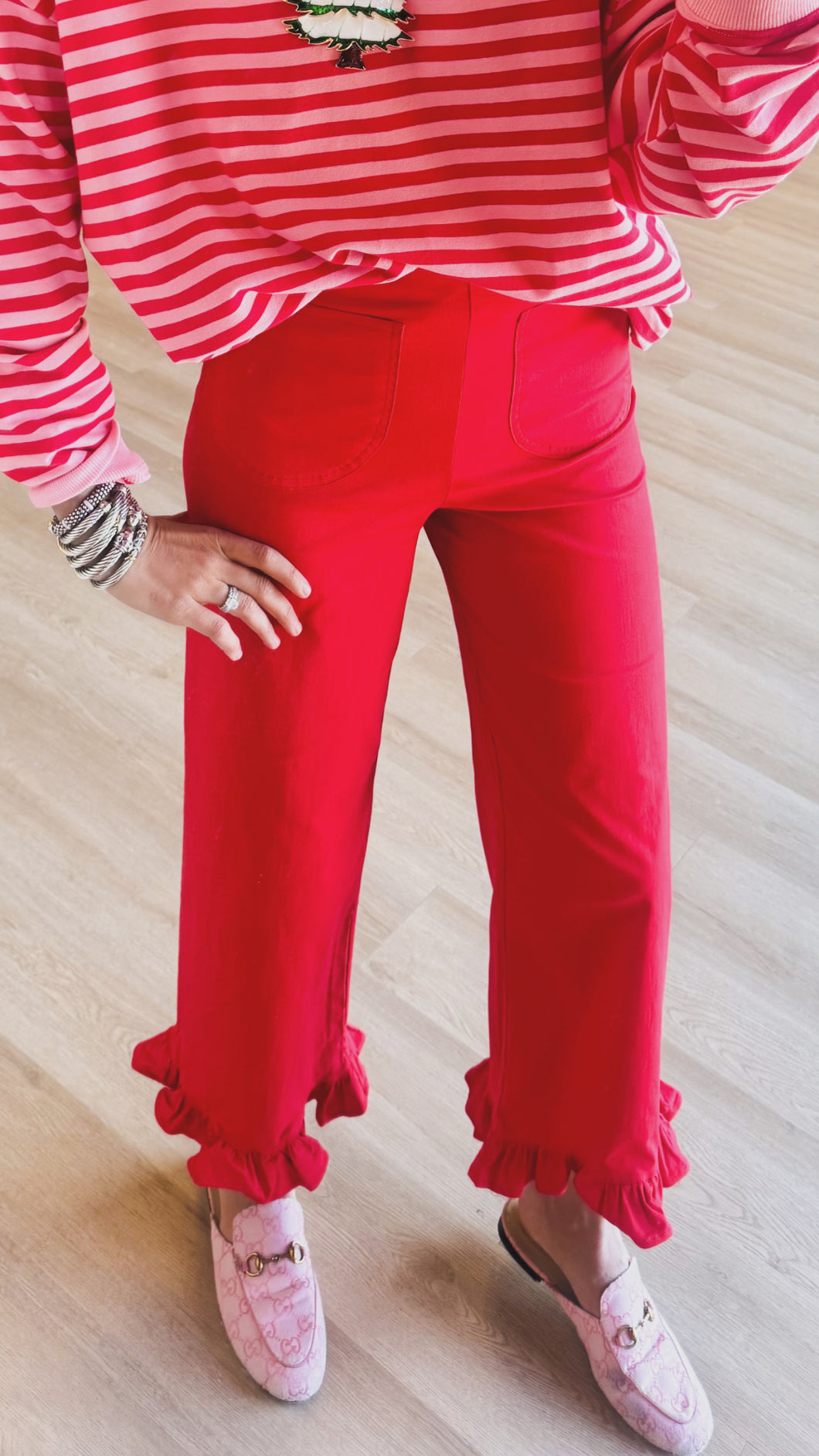 Red Straight Leg Ruffle Hem Pants