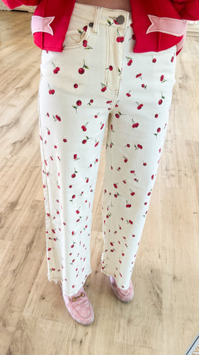 Cherry Printed Washed Twill Pants