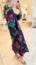 Black and Pink Flower Printed Midi Dress