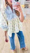 White and Blue Floral Embroidery Detail Top