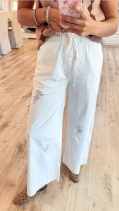 White Distressed Wide Leg Pants
