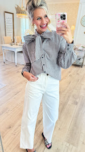Black Gingham Bow Button Up Top