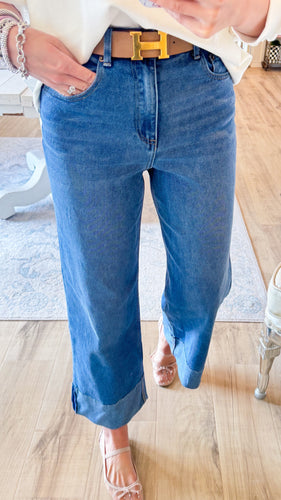 Mineral Washed Wide Leg Cuffed Jeans
