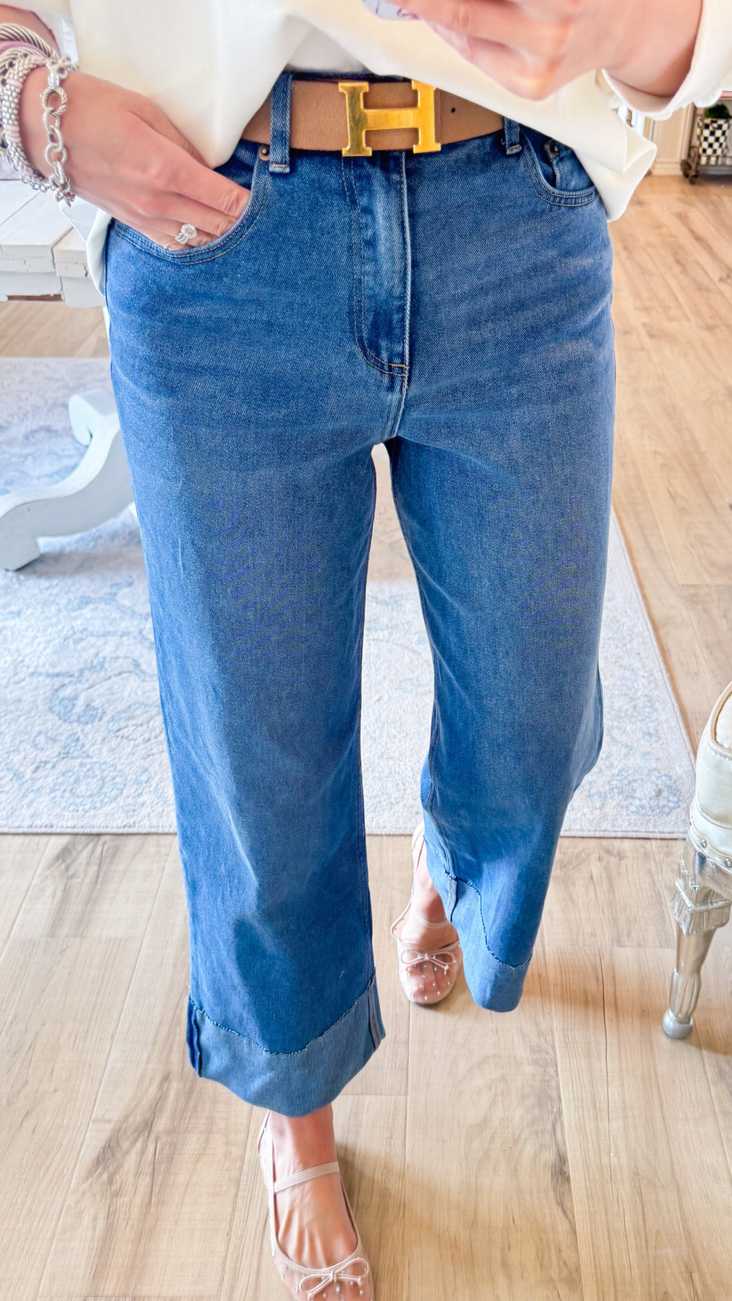 Mineral Washed Wide Leg Cuffed Jeans