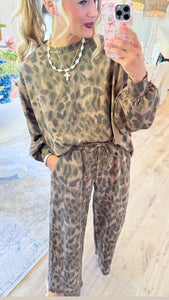 Brown Leopard Print Washed French Terry Pant Set