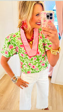 Green and Pink Floral Puff Sleeve Top