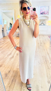 Khaki and Cream Stripe Sleeveless Dress