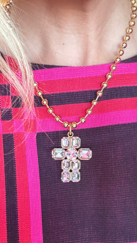 Gold Beaded Rhinestone Cross Necklace