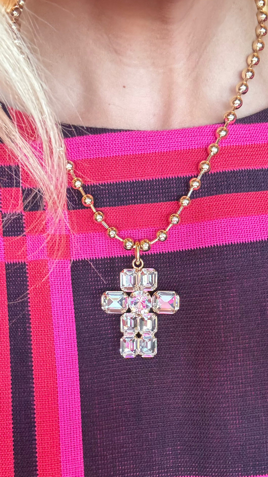 Gold Beaded Rhinestone Cross Necklace