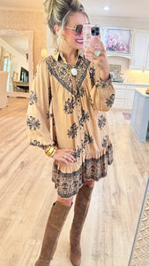 Khaki Border Printed Challis Shirt Dress