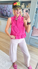 Red and Pink Striped Tie Neck Top
