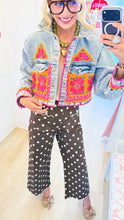 Cropped Pink and Orange Embroidered Denim Jacket