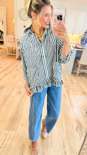 Denim Striped Button Down Blouse