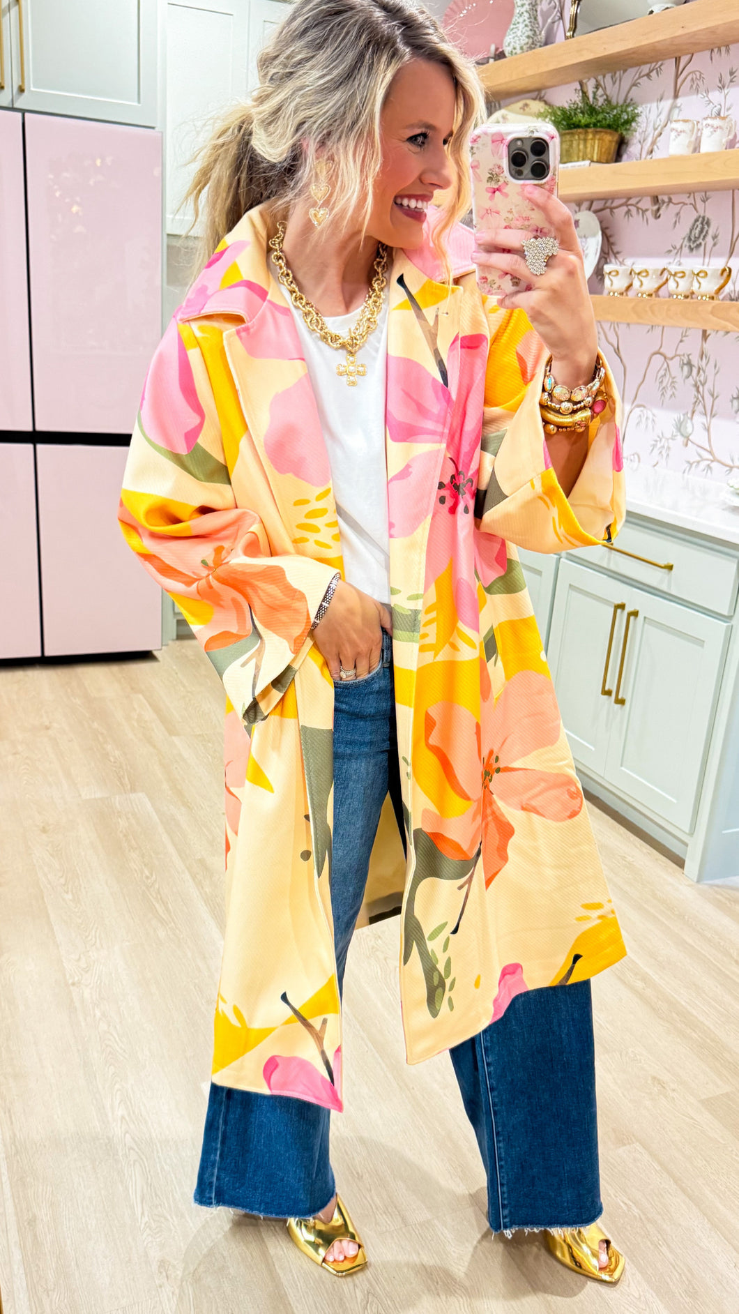 Pink Coral Floral Midi Coat