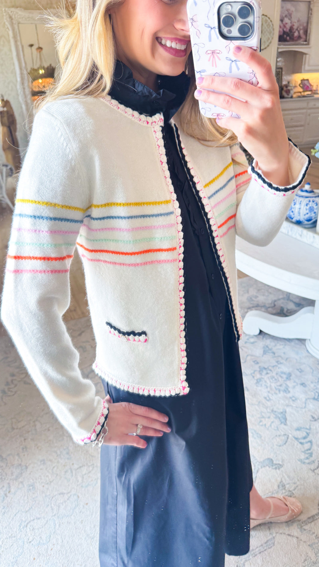 Cream Colorful Knit Sweater Cardigan