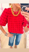Red Gingham Metallic Bubble Sleeve Top