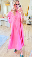 Pink V Neck Gold Heart Button Midi Dress