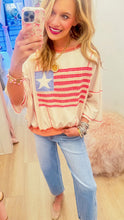 Deal of The Day Oatmeal American Flag Patchwork Oversized Top