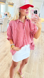 Red and White Gingham Oversized Top