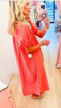 Coral Checkered Puff Sleeve Midi Dress