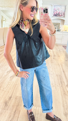 Black Faux Leather Sailor Collar Top