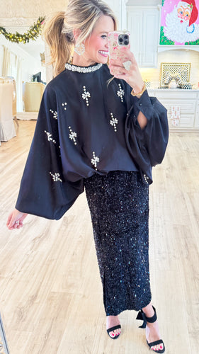 Black Multi Embellished Applique Ballon Blouse