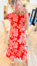 Red Floral Print Flutter Sleeve Midi Dress
