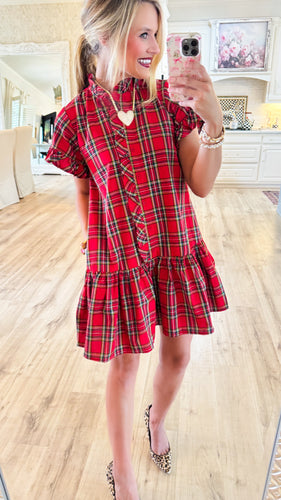 Red Plaid Frilled Neck Mini Dress