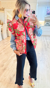 Red Floral Jacquard Puffy Vest