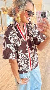 THML Brown Puff Sleeve Print Detail Top