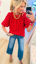 Red Gingham Metallic Bubble Sleeve Top