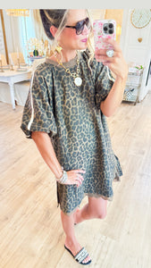 Brown Leopard Puff Sleeve Lace Trim Dress