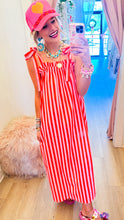 Punch and Coral Stripe Shoulder Tie Midi Dress