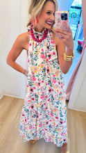 White Multi Garden Print Neck Tie Dress