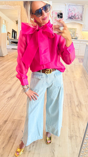 Pink Bow Button Down Top