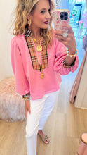 Bubble Gum Pink and Taupe Accent Blouse