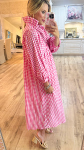 Pink Seersucker Gingham Midi Dress