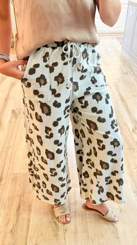 Stone Grey Cheetah Print Mineral Washed Wide Leg Pants